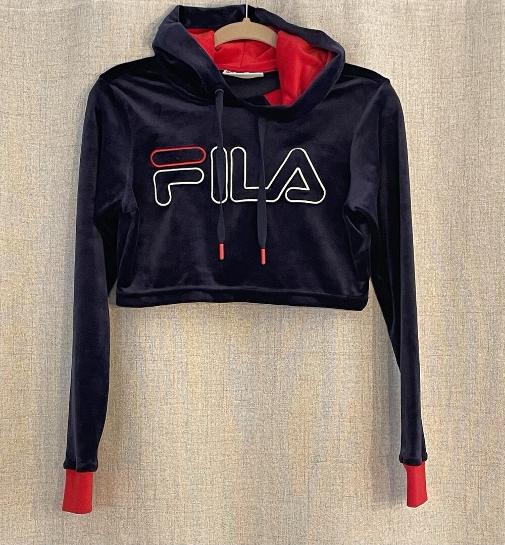 Fila Velour Ladies Crop Drawstring Blue Hoodie Size X-Small